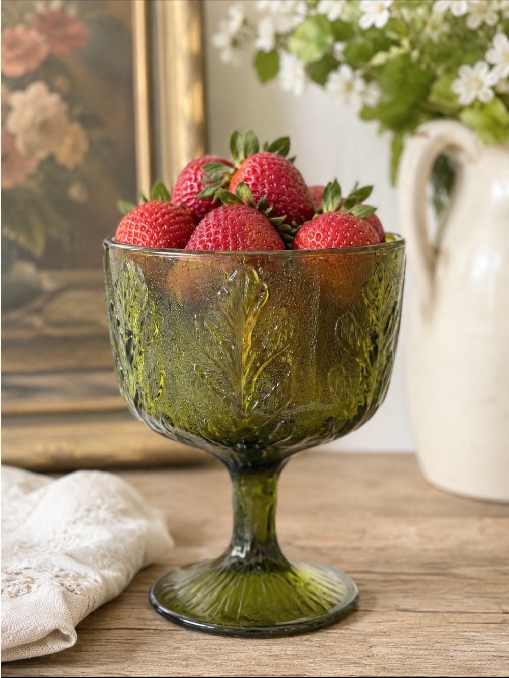 Vintage 1975 FTD Avacado Green Glass Pedestal Vase. Compote | Embossed Leaf EUC.